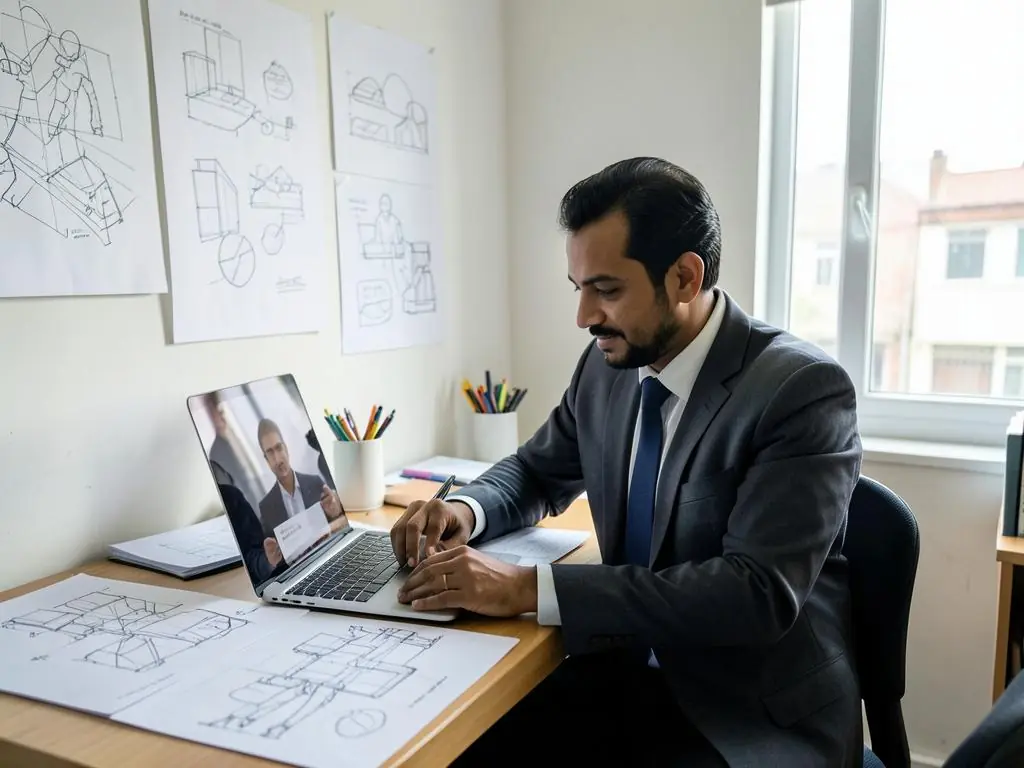 Self-employed consultant working in a small studio office