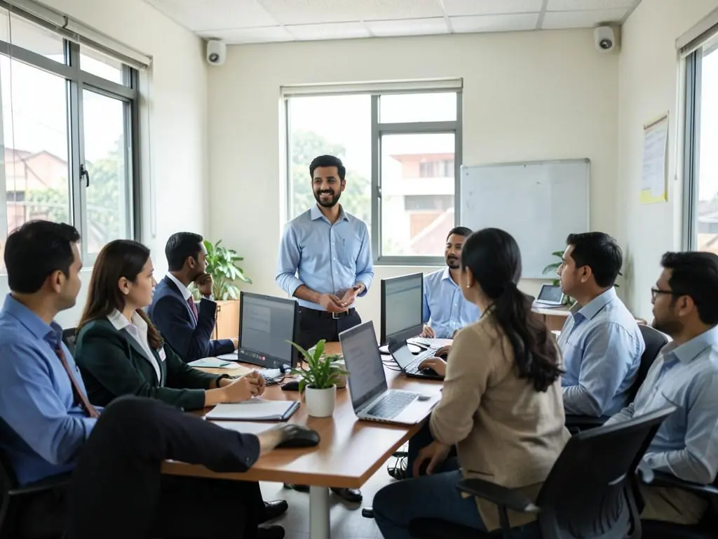 Service business team working in an office