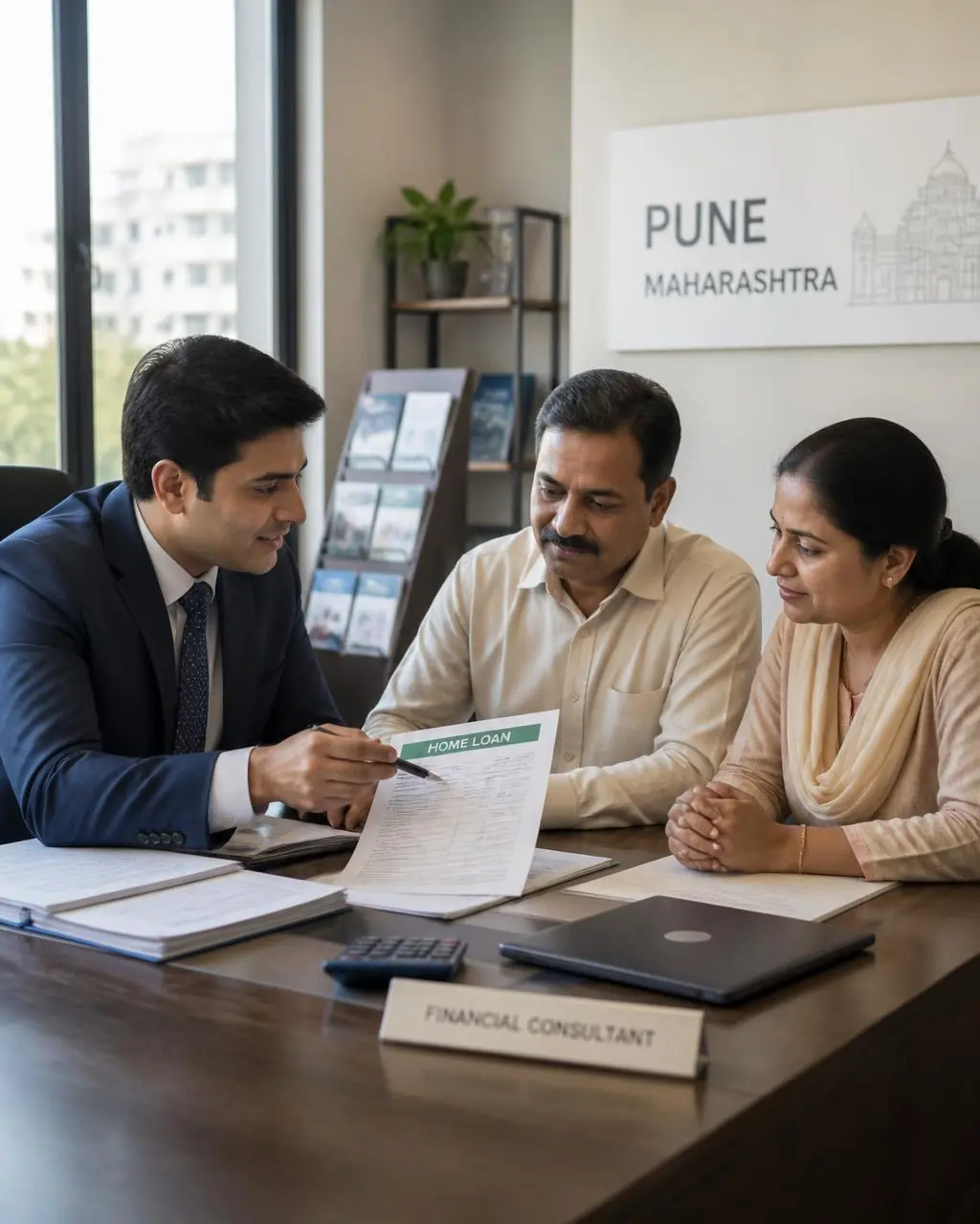 Loan consultant explaining loan documents to a couple during a consultation